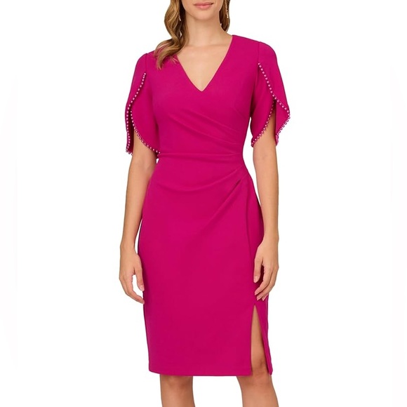 Adrianna Papell orchid knit crepe midi dress with pearls on trim - Picture 1 of 5